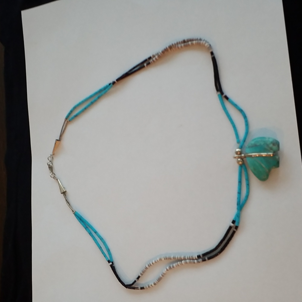 Southwestern Indian Turquoise, Silver , and Bead Animal Fetish Necklace.